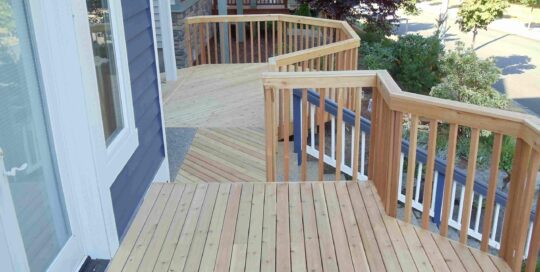A picture of the wooden deck with stairs