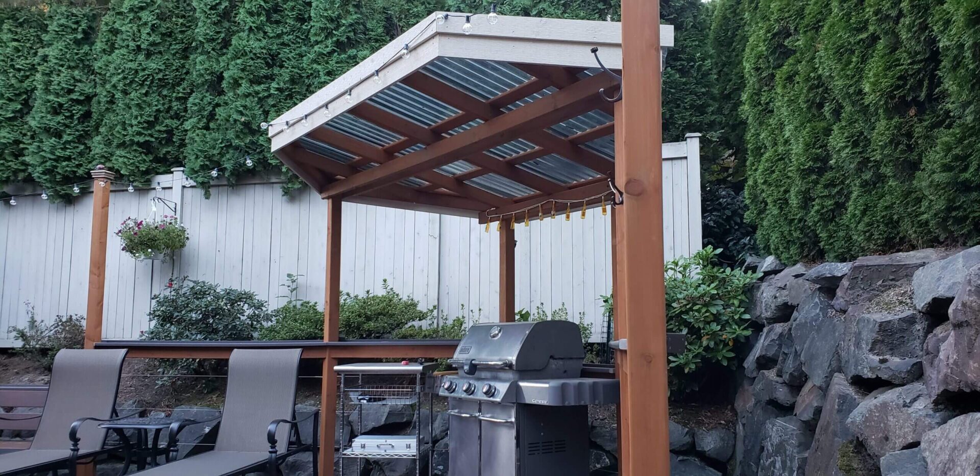 An outdoor patio with grills and barbecue